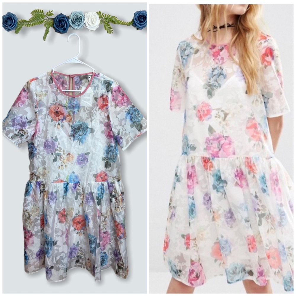 Asos Floral Roses Sheer Organza Dress NEW